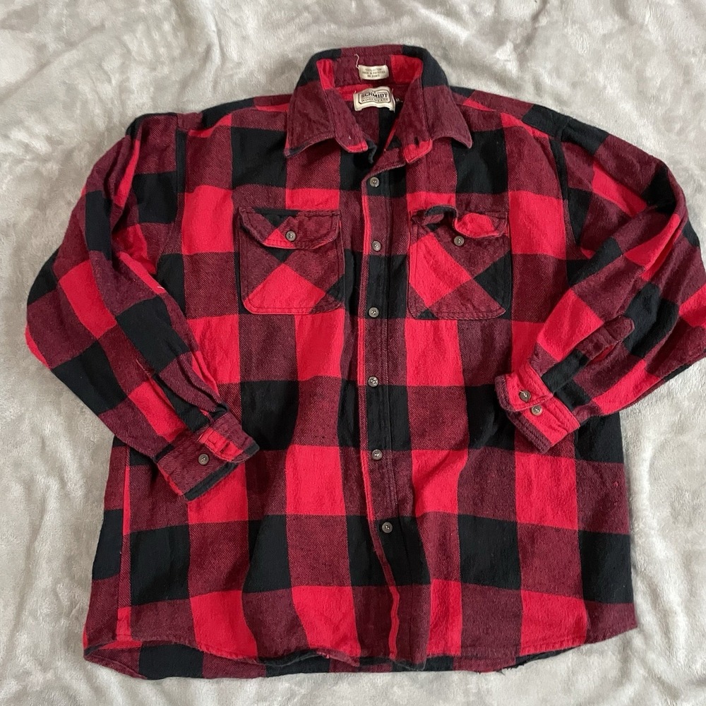 VTG Schmidt Buffalo Plaid Men's Flannel Shirt Red Button Up Shirt XL